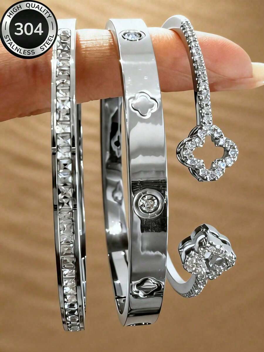 Fashionable Stainless Steel + Copper 18K Gold Plated Women's Floral Rhinestone Bracelet Set, Includes 14K Gold Heart-Shaped Copper Zirconia Open Bangle