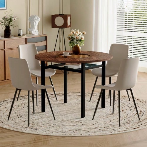 Modern Minimalist Round Table Set (With Integrated Storage Compartment And 4 Chairs Made Of Warm Grey PU Material) - Black - View 1