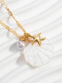 1pc Minimalist Starfish & Faux Pearl Shell Pendant Necklace, Fashion Beach Resort Party Accessory (Style Random) - Gold - View 4