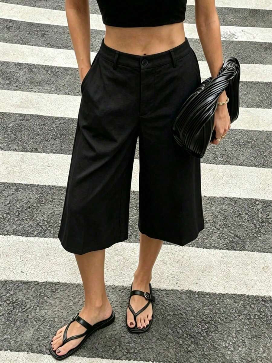 極簡休閒優雅時尚日常度假下午茶藝術風純色口袋薄款七分寬腿褲 黑色 夏季 靜奢風 - 黑色 - 查看 1
