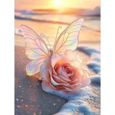 1PC 5D DIY Diamond Painting Beach Rose Butterfly Theme, Acrylic Round Diamond Sticker Craft, Living Room, Bedroom, Home Wall Decor Mosaic Artwork, Christmas Gift, Frameless