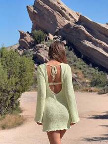 HoloChill Women's Young Influencer Casual Style Solid Color Sexy Dress, Women's Sexy Casual White Knit Slim Fit Long Sleeve Mini Dress, Back Bow Design, Summer Casual 2026 New High Elasticity Dress, Women's Summer Dress Women's Beach Dress Beach Vacation Outfit Casual Fall Dress, Back To School - Green - View 7