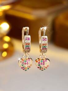 Vanel 1 par de pendientes de moda con colgante dorado, diseño de colgante de corazón de cubo arcoíris, joyería de moda romántica para uso diario - Amarillo dorado-multicolor - Ver 3