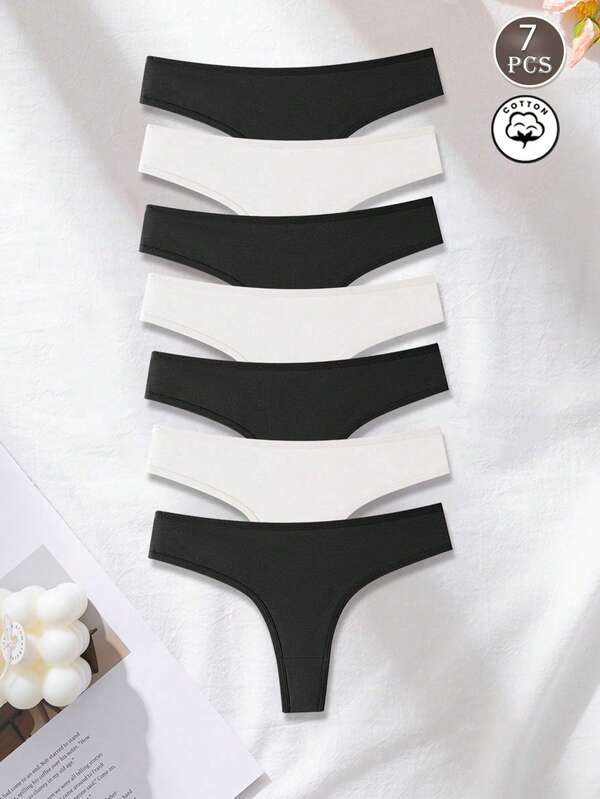 7pcs/Pack Women Cotton Underwear, Sports & Yoga Seamless Thong, Multicolor High Elasticity Low Waist, Black & White Combination, Minimalist Sexy Design