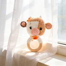 1PC Crochet Cow Wooden Teething Ring Rattle, Knit Farm Animal Baby Hand Sound Toy - Mocha Brown - View 10