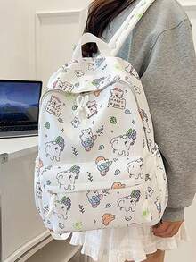1/5pcs Cute Cartoon Print Student Backpack, Pure Pink Floral Pattern, Lightweight Polyester Fabric, Casual Campus Style, All-Season Wear, Unisex Adult Size, Large Capacity, Suitable For Daily Commute, Travel And Back To School - Multiple Styles - View 8