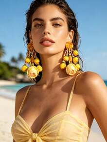 Handmade Pink Fabric Rose Bud Tassel Earrings, Summer Beach Vacation Style Marble Pattern Resin Disc Multi-Layer Mixed Bead Pendant Exaggerated Earrings, For Women - Multicolor 2 - View 7