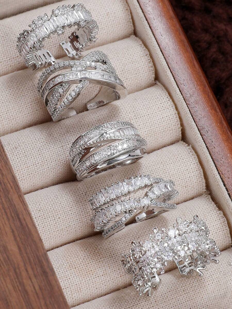 5pcs/3pcs/1pc Fashion Geometric Cubic Zirconia Ring Set, Exaggerated Sparkling Adjustable Rings, Suitable For Bridal Accessories And Daily Wear - Silver - View 1