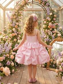 Young Girls Spaghetti Strap Pleated Satin Birthday Puff Princess Dress Suitable For Wedding, Headband Not Included - Baby Pink - View 7