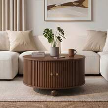 Coffee Table, Round Coffee Table, Living Room Table, Surrounding Vertical Relief Structure, Two Sliding Doors, MDF Body, Metal Handles, Spherical Metal Legs, Four Separate Storage Compartments. - Walnut Wood Color - View 1