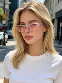 1pc Retro Y2K Coquette Fashion Glasses, Narrow Cat Eye Pink Gradient Frame, Tinted Lens For Music Festival Street Party Beach Vacation Women Girls - 紫粉色框架 粉紅鏡片 - 查看 5