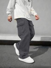 1件青少年男孩極簡休閒百搭直筒長褲，側邊口袋與多口袋設計，適合運動與戶外，春夏秋返校季 - 深灰色 - 查看 5
