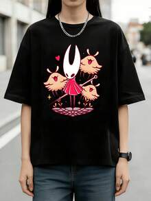 Retro Unisex Graphic Tee, HollowS KnightS Silksong Hornet Cute Reds Outfit Character Three Friendly Bug Creatures Heart Star Hand Drawn Game Print Cot - 黑色 - 查看 1