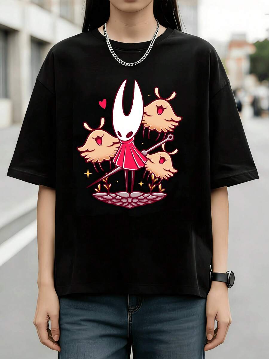 Retro Unisex Graphic Tee, HollowS KnightS Silksong Hornet Cute Reds Outfit Character Three Friendly Bug Creatures Heart Star Hand Drawn Game Print Cot - 黑色 - 查看 1
