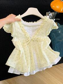 女款蕾絲拼接韓系碎花上衣 休閒甜美風 2合1背心式夏季蕾絲襯衫 黃色 - 黃色 - 查看 4