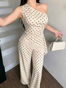 abyoxi Conjunto de 2 piezas de top sin mangas con cintura fruncida y parches de encaje con dobladillo asimétrico en color verde guisante, y pantalones de pierna ancha. Sexy y elegante - Albaricoque 2 - Ver 5