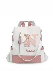 Personalized Custom Name A-Z 26 English Letters Premium Backpack, Fashion Anti-Theft Versatile Large Capacity Travel School Bag, Exquisite Cute Pink Ballet Girl Pattern Fashion Contrast Color Design Lightweight Large Capacity, Perfect For Daily Outings, Work Commute, School - White and Pink - View 27