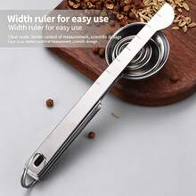 Juego de 13 piezas de tazas y cucharas medidoras de acero inoxidable, con raspador y cepillo, apilables, fáciles de limpiar, herramientas de medición para hornear, adecuadas para cocinar y hornear, café - Plateado - Ver 6