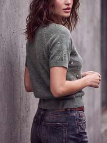 Women's Solid Color Rhinestone Decor French Elegant Minimalist Knit Short Sleeve Top, Suitable For Daily Casual, Date, Party Wear - Grey - View 3