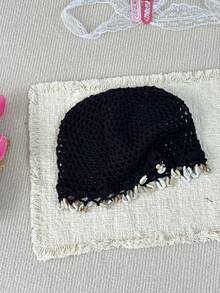 1 Peça Touca de Crochê Feita à Mão com Borla de Concha para Mulheres, Moda Primavera/Verão Fina Y2K, Touca de Crochê Tricotada com Borla, Adequada para Uso Diário, Férias, Decoração de Fotografia Boêmia - Multicolorido - Visão 9