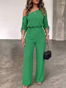 ChicMe Women's Oblique Neck Drawstring Cuff Elastic Waist Loose Wide Leg Jumpsuit, Casual Elegant Suitable For Daily, Office, Party Wear Summer - Green - View 3