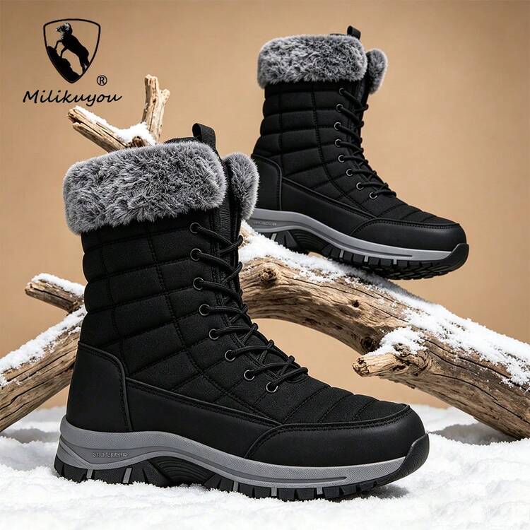 Milikuyou 男士冬季工作雪地靴 純黑色 時尚質感款 鞋口飾有厚實柔軟保暖領口 防滑耐磨 穩定支撐鞋底 男士戶外運動雪地鞋 絎縫設計 防滑耐磨厚底 工作風雪地靴 耐寒保暖內裡 暖絨領口 冬季戶外通勤 龐克風 尺寸 39-48 - 黑色 - 查看 5
