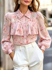 Fashionable Women's Long Sleeve Floral Print Blouse, Ruffle Trim, Front Button Closure, Pearl Embellishment, Semi-Sheer Polyester Top Pink Vacation - Pink - View 5