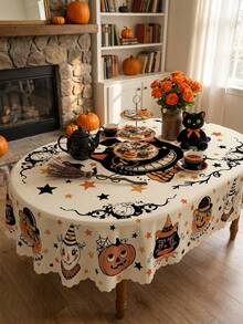 1pc-Halloween Tablecloth, Vintage Pumpkin Black Cat Moon Face Table Cover, Cute Witch Hat Star Bat Print Tablecloth, Fall Holiday Party Decor For Dining Table Kitchen, Indoor Outdoor Home Decor, Washable Reusable Table Cover - Multicolor - View 4