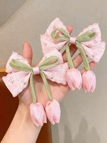 2件組鬱金香尾巴與花卉圖案布藝蝴蝶結髮夾，粉色鄉村風髮飾，春夏花朵髮夾，兒童日常生活髮飾 - 彩色 - 查看 1