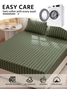 1pc Green Striped Fitted Sheet, Bedding, Mattress Protector, Home Textiles, Soft, Wrinkle-Resistant, Breathable And Comfortable, Suitable For All Bed Sizes, Dorm Bedding, Home Decor, Pillow And Pillowcase Not Included, Machine Washable, Back To School - Multicolor - View 5
