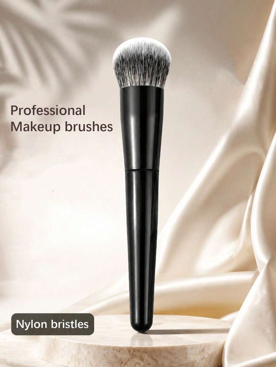 1pc Large Round Foundation Brush - Professional Synthetic Fiber Makeup Brush, Suitable For Contouring, Foundation, Concealer, Blush, Bronzer And Powder Application - Black - View 1