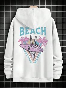 American Beach Surfing Oversized Hoodie, Fun Skull Peace Sign Surfboard Design, Men's Drop Shoulder Pullover - White - View 4