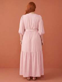 FASHION MIX PREMIUM Elegant Long Dress With Slit And Ruffle On The Hem 3/4 Puff Sleeves With V-Neckline And Tie At The Waist Women's Plus Size - 淺粉色 - 查看 5