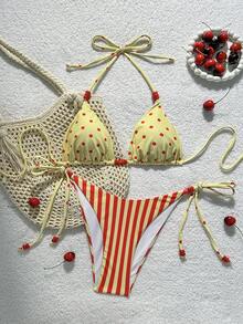 Conjunto de bikini elegante con cuello halter y lazo para mujer, traje de baño de dos piezas a la moda con lunares rojos y rayas, Bottom de baño con lazos laterales para vacaciones, playa y verano - Multicolor - Ver 3