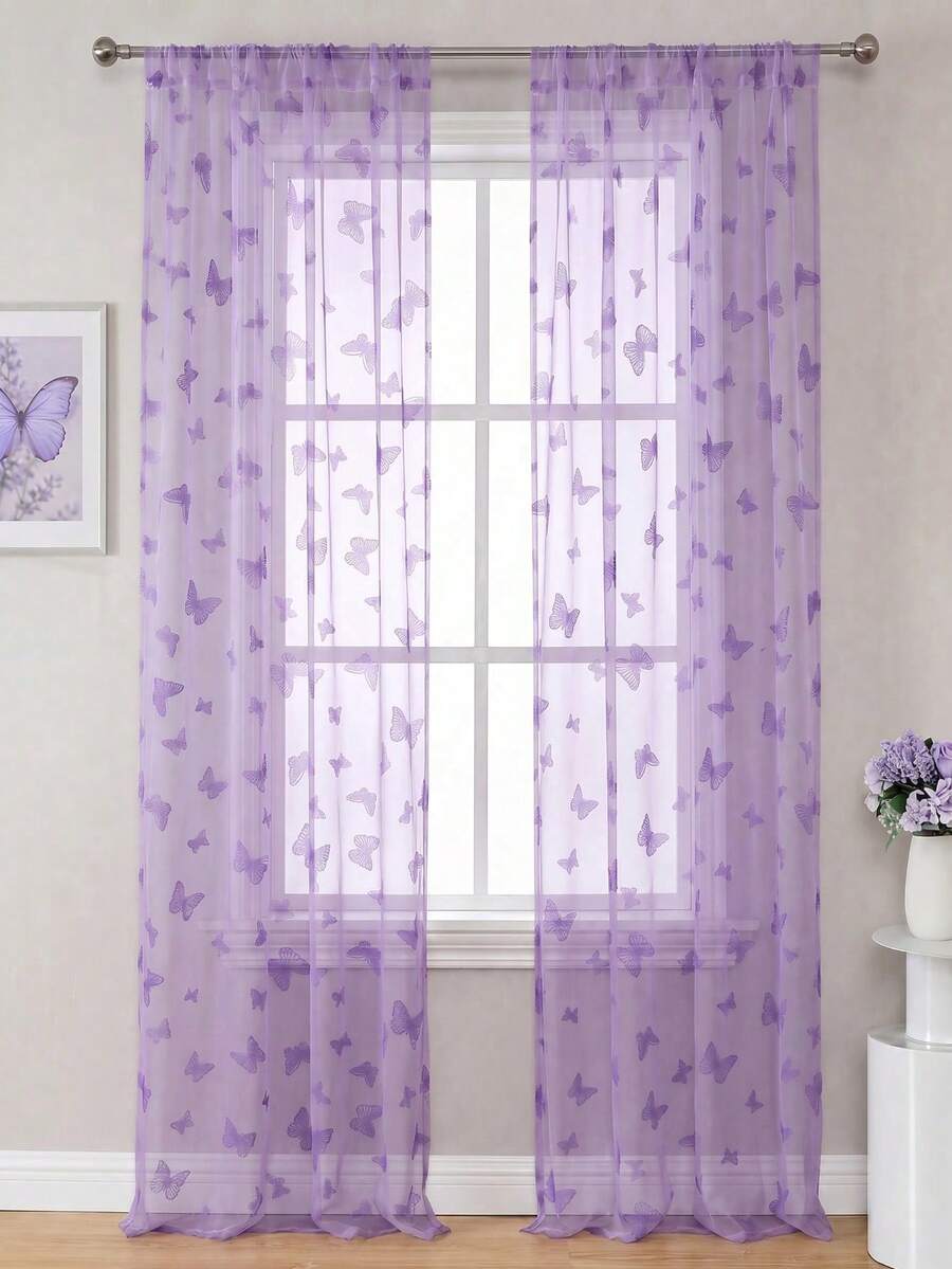 1pc Purple Butterfly Mesh Curtain, Polyester Curtain Valance, Butterfly Birthday Decoration, Home Decor, Room Decor, Suitable For Living Room, Kitchen, Bedroom, Study, Dining Room, Gallery, Cafe (Curtain Rod Not Included)