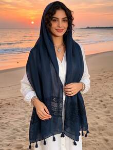 1pc Women's Solid Color Lace Tassel Long Versatile Scarf, High Quality Shawl - White - View 20
