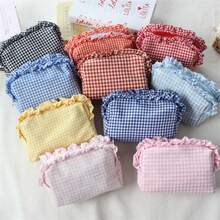 Personalized Gingham Cosmetic Bag, Ruffle Trim Makeup Pouch, Custom Name Toiletry Organizer, Small Travel Storage Bag, Coin Purse, Cute Gift - Multicolor - View 12