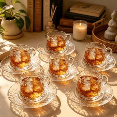 6set/1set Series Elegant Glacier Hammered Glass Espresso Latte Art Cups, Exquisite Afternoon Tea Cups Including Coffee Cups And Saucers. Suitable For Hotels, Restaurants, Home Use, Table Decor, Afternoon Tea, Coffee Drinking, Flower Tea, Personalized Gifts, Souvenirs, Parties, Gatherings, Birthdays, Wedding Gifts And Dinner Parties. Suitable As Valentine's Day Gift For Him, Mother's Day Gift