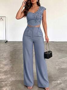 ChicMe Women's 2pcs Set Rhinestone 3D Floral Applique One Shoulder Ruched Top With High Waist Wide Leg Pants, Fashionable Daily Wear - Dusty Blue - View 10