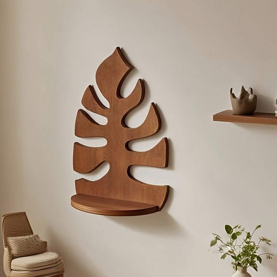 Estantería decorativa de almacenamiento con forma de hoja montada en la pared de madera, organizador de pared para el hogar, estantería decorativa de almacenamiento
