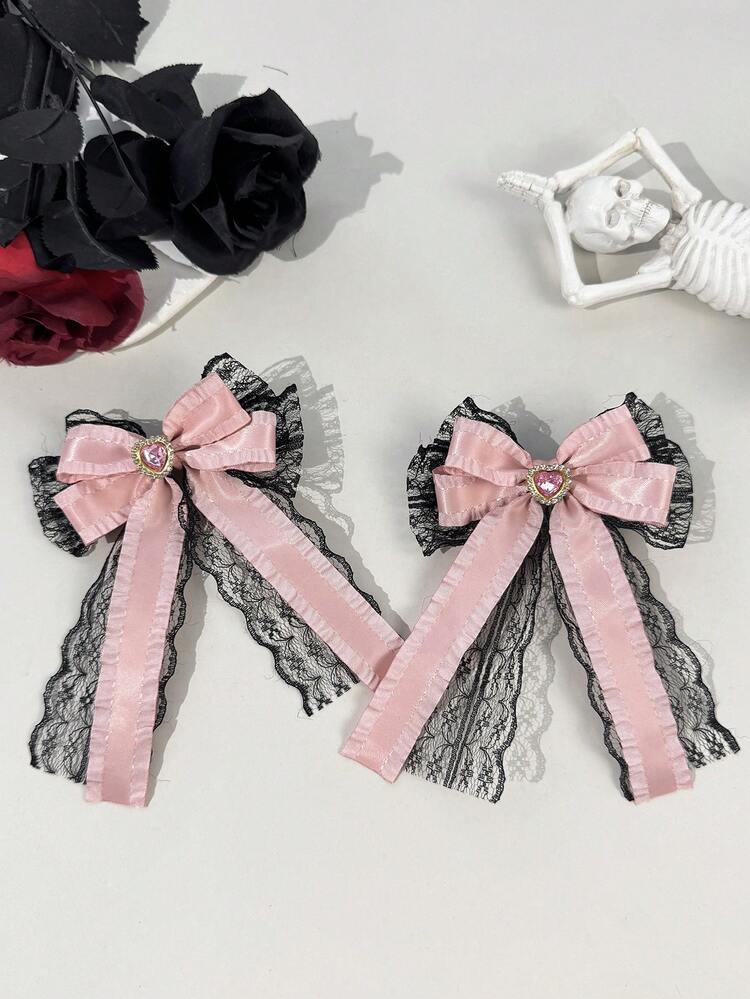 2pcs/Set 2K Dark Gothic Glossy Satin Patchwork Wavy Hollow Lace Double-Layer Bow Long Ribbon Hair Clips With Center Heart Rhinestone & Pearl Trim Duckbill Side Clips, Subculture Lolita Twin Tail & Loose Hair Fixing Hair Accessories, Cool Vibe Headpiece For Anime Convention, Date, Leather Jacket & Black Dress Outfit - Multicolor #1 - View 5