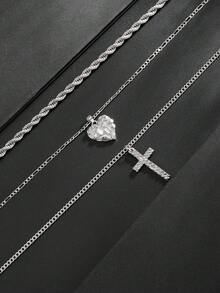 3件組男士復古十字架與愛心吊墜項鍊，嘻哈街頭風金屬扭繩多層項鍊，適合派對、度假與日常配戴 - 銀色 - 查看 4