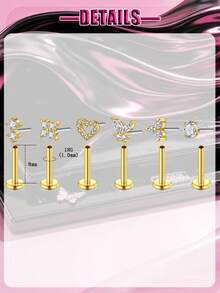 Flat Back Press-In Lip Stud, Screwless Personalized Nose Ring Medusa Lip Piercing Jewelry, Butterfly Heart-Shaped Zirconia Lip Stud Piercing Jewelry - Pole Type - View 7