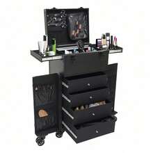 Rolling Makeup Train Case - Stylish Black Cosmetic Trolley With Adjustable Rods, Spacious Storage, And Detachable Wheels For Easy Travel And Organization - Black - View 10