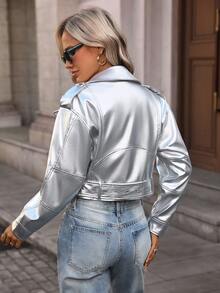 Women's Solid Color Minimalist Daily Zip-Up Short Jacket Vacation - Silver - View 9
