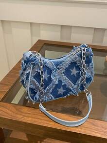 1pc Girls' Shoulder Bag With Decorative Buckle Detail, Stitching And Chain Strap, Street Fashion Bohemian Style - Blue - View 9