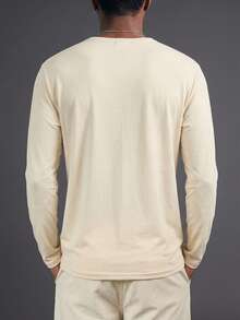 Camvyn Men's Spring/Autumn Thin Casual Versatile Comfortable Pocket Slim Fit Regular Shoulder V-Neck Long Sleeve T-Shirt - Apricot - View 2