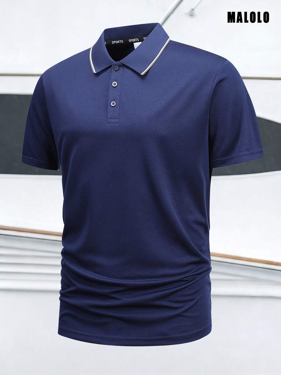 Men's Navy Blue Short Sleeve Polo Shirt, White Contrast Collar, Sports Top, Suitable For Golf, Outdoor And Daily Wear