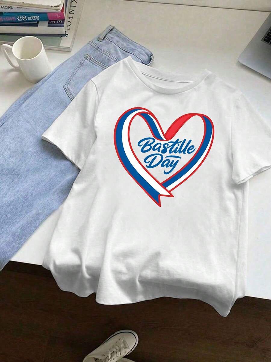 Plus Size Women's Tee For National Day, Casual Comfort, Style For Spring And Summer. - 白色 - 查看 1