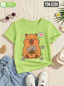 Collection d'été pour préadolescentes : T-shirt à manches courtes et épaules tombantes en 100% coton pour filles, avec un design imprimé de capybara personnalisé, amusant et mignon - Vert fruit - Voir 1